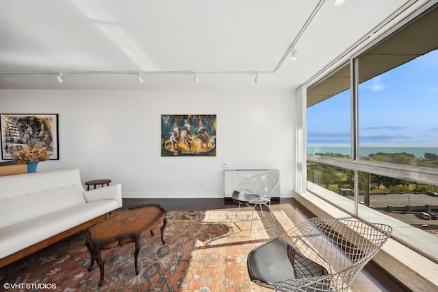 living room with hardwood / wood-style flooring, a wall of windows, rail lighting, and a water view