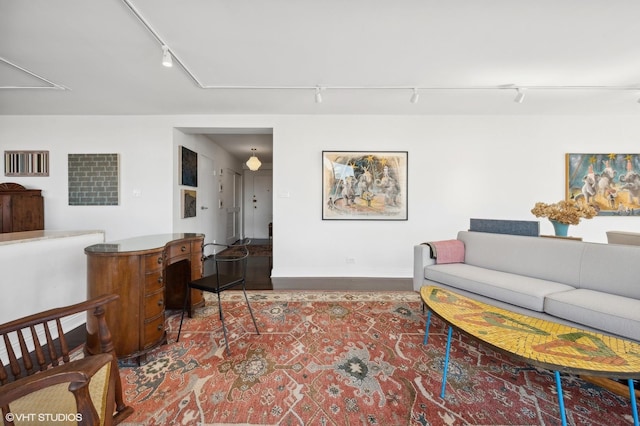 living room with rail lighting and wood-type flooring