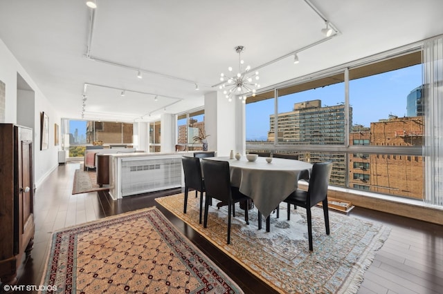 dining area with hardwood / wood-style flooring, a wall of windows, rail lighting, and a notable chandelier