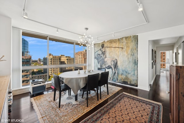 dining space featuring dark wood-type flooring, rail lighting, and a chandelier