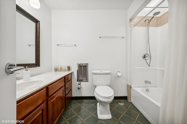 full bathroom with vanity, heating unit, toilet, and shower / tub combo with curtain