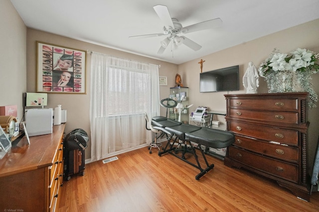 office featuring ceiling fan and light wood-type flooring