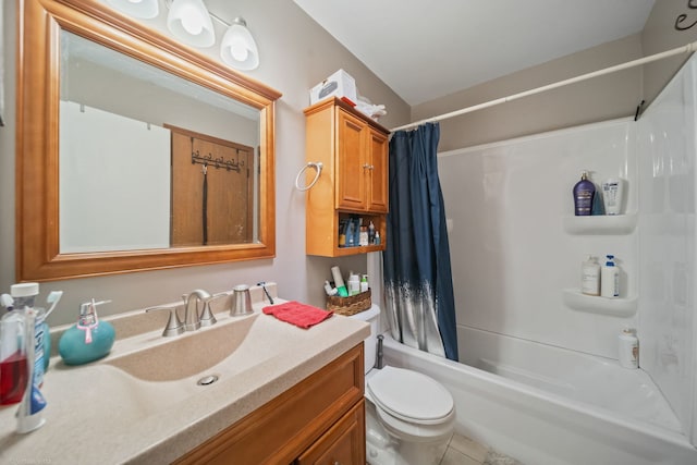 full bathroom with vanity, tile patterned flooring, shower / bath combination with curtain, and toilet