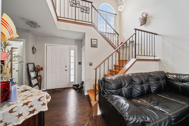 entryway featuring dark hardwood / wood-style floors and a towering ceiling