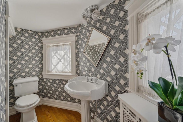 bathroom with baseboards, wallpapered walls, toilet, and wood finished floors