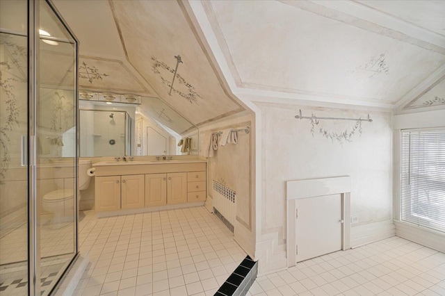 full bath with tile patterned flooring, vanity, vaulted ceiling, radiator, and a stall shower