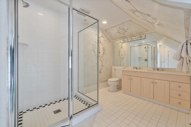 full bath with tile patterned flooring, toilet, vanity, vaulted ceiling, and a shower stall