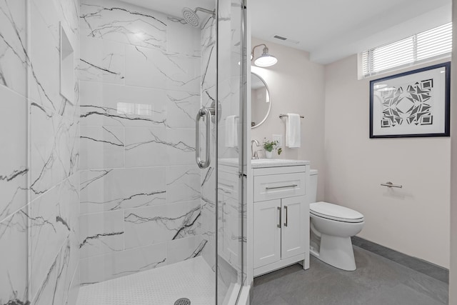 bathroom with toilet, a marble finish shower, visible vents, and vanity