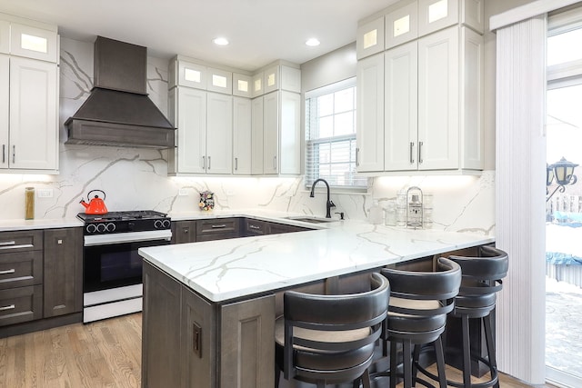 kitchen featuring glass insert cabinets, gas stove, white cabinets, and custom exhaust hood