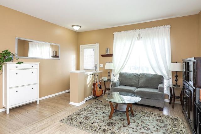 living area with baseboards and wood finished floors