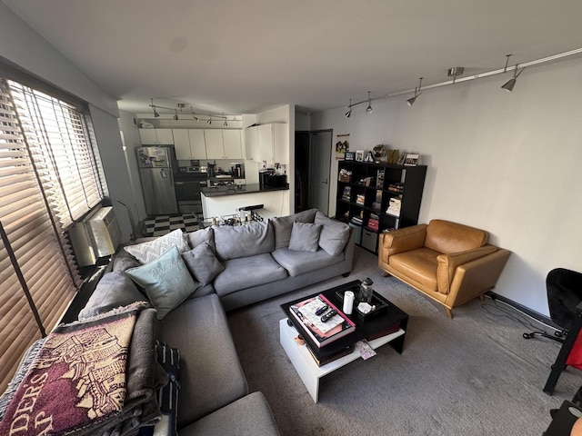 carpeted living area with a wall mounted air conditioner and track lighting