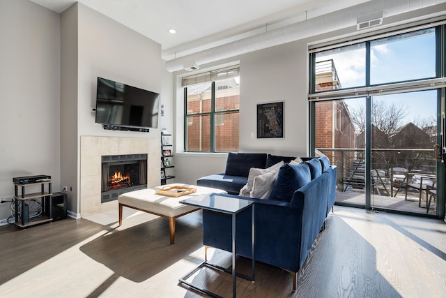 living room with a fireplace and hardwood / wood-style flooring