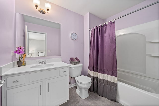 full bathroom featuring tile patterned flooring, vanity, shower / bath combination with curtain, and toilet