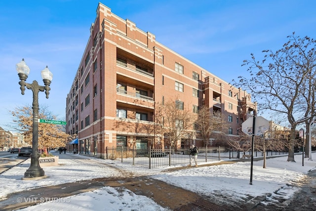 view of snow covered building