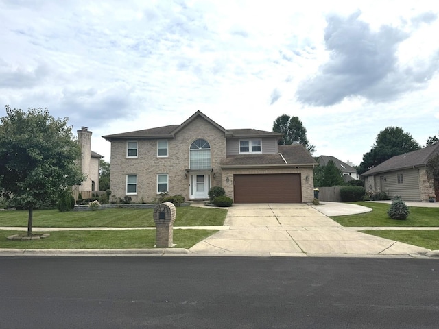 view of front of home with brick siding, an attached garage, concrete driveway, and a front yard