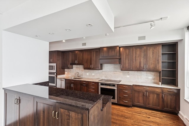 1040 N Lake Shore Dr Unit 34C, Chicago, IL 60611 - kitchen with stainless steel appliances, open shelves, decorative backsplash, dark wood-style floors, and dark brown cabinets