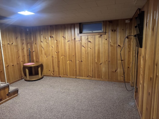 basement with carpet floors and wooden walls