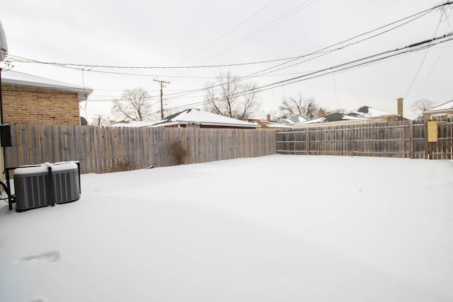 yard layered in snow with cooling unit