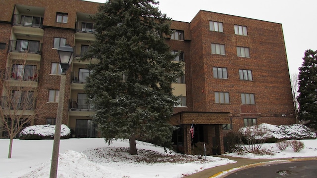 view of snow covered building