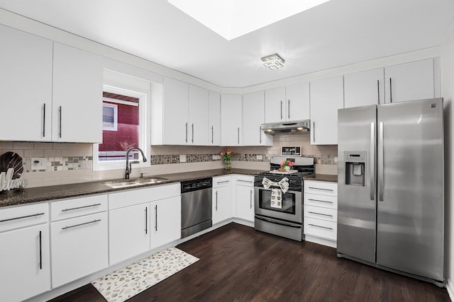 kitchen featuring appliances with stainless steel finishes, sink, white cabinetry, dark hardwood / wood-style flooring, and tasteful backsplash