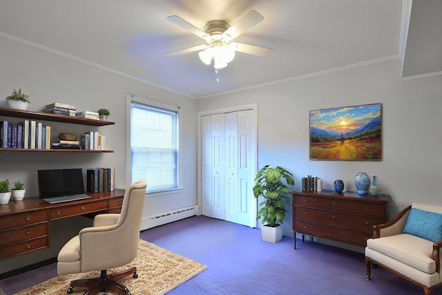 office space featuring ornamental molding, dark carpet, ceiling fan, and baseboard heating