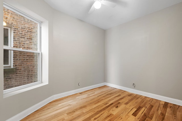 spare room with ceiling fan and light wood-type flooring