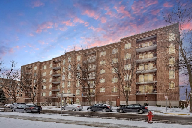 view of snow covered building