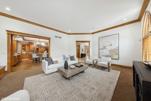 5101 Central Ave, Western Springs, IL 60558 - living area featuring light carpet, recessed lighting, baseboards, ornamental molding, and a chandelier