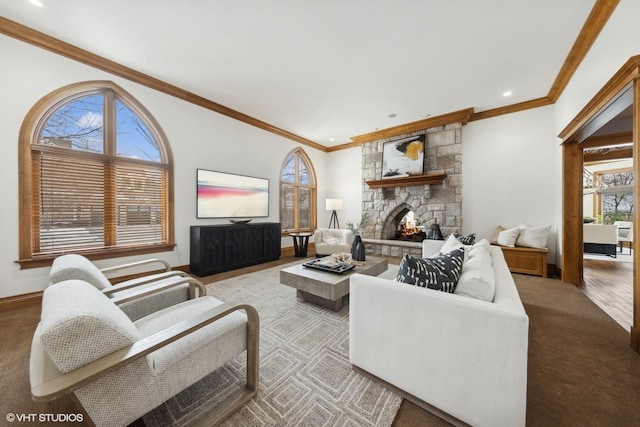 5101 Central Ave, Western Springs, IL 60558 - living room with crown molding, a stone fireplace, carpet floors, recessed lighting, and baseboards