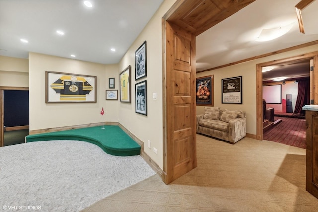 playroom featuring light colored carpet