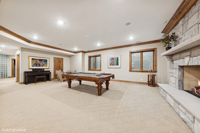 5101 Central Ave, Western Springs, IL 60558 - game room featuring ornamental molding, light carpet, a stone fireplace, billiards, and baseboards