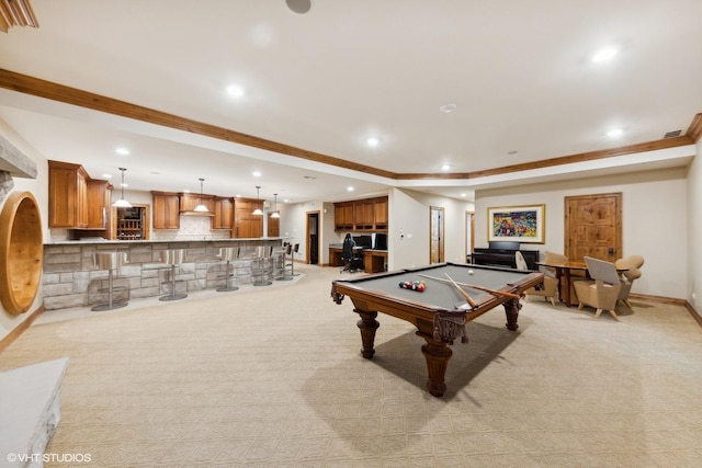 recreation room featuring light colored carpet and pool table