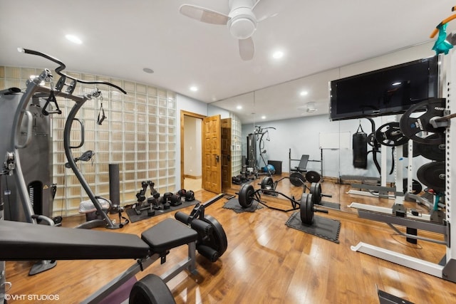 5101 Central Ave, Western Springs, IL 60558 - exercise room with ceiling fan, wood finished floors, and recessed lighting