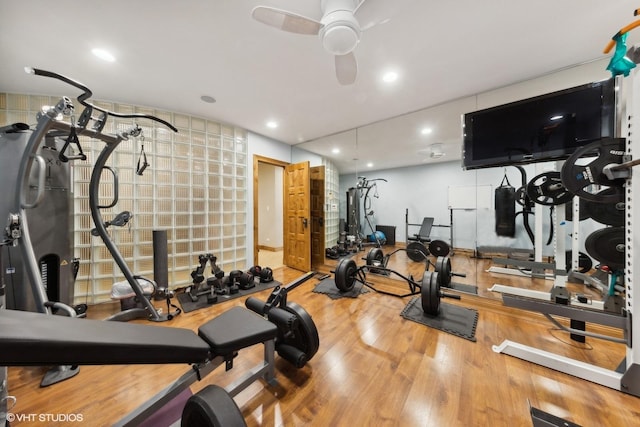 gym featuring wood-type flooring and ceiling fan