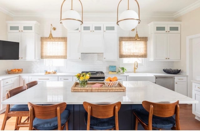 kitchen featuring crown molding, custom range hood, appliances with stainless steel finishes, a sink, and a kitchen island