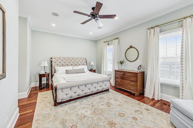 bedroom with multiple windows, ornamental molding, and wood finished floors