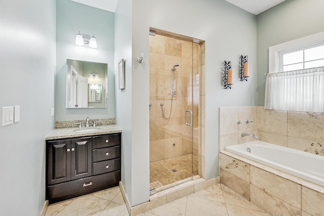 full bath with a garden tub, a stall shower, vanity, tile patterned flooring, and baseboards