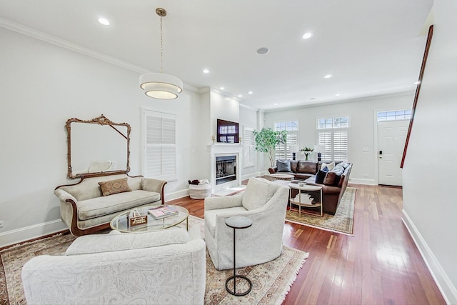 living area with hardwood / wood-style flooring, recessed lighting, a fireplace, baseboards, and ornamental molding