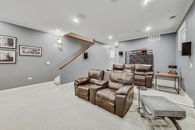 carpeted cinema with recessed lighting, visible vents, crown molding, and baseboards