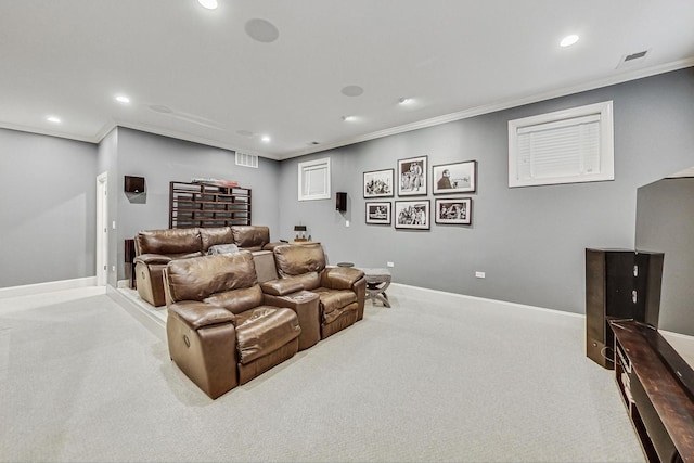 carpeted home theater with recessed lighting, visible vents, crown molding, and baseboards