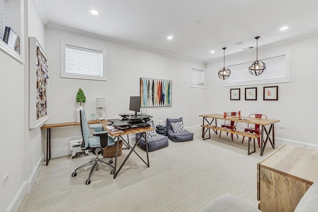 office area featuring baseboards, carpet floors, visible vents, and crown molding