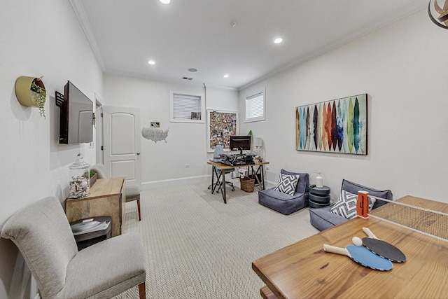 interior space featuring baseboards, ornamental molding, and recessed lighting