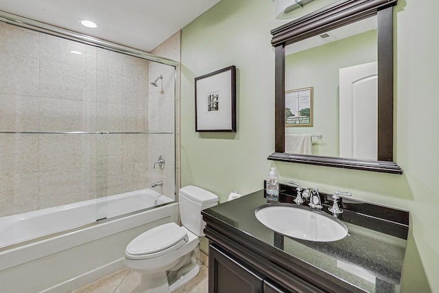 full bath with toilet, recessed lighting, shower / bath combination with glass door, vanity, and tile patterned floors