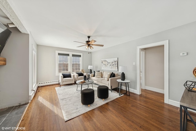 living room with a baseboard radiator, hardwood / wood-style floors, and ceiling fan