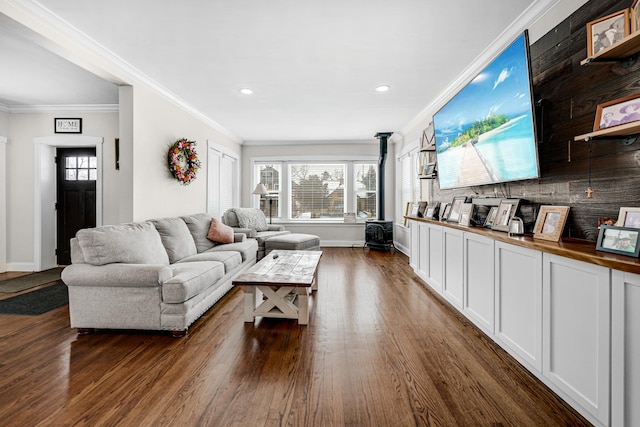 living room with a wood stove, a healthy amount of sunlight, and dark wood finished floors