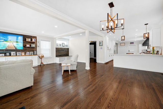 living area featuring ornamental molding, recessed lighting, dark wood finished floors, and baseboards