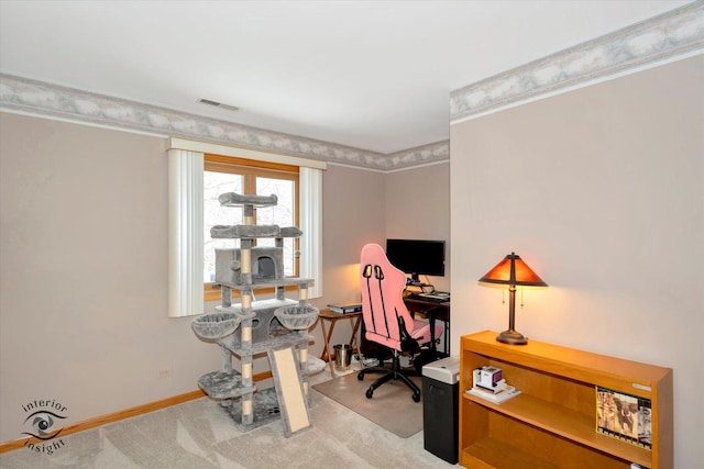 home office with light carpet