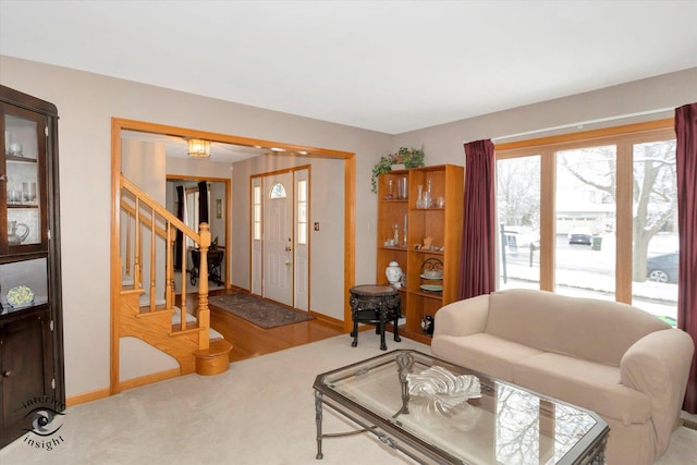 living room with light colored carpet