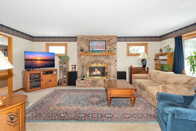 carpeted living room with a brick fireplace