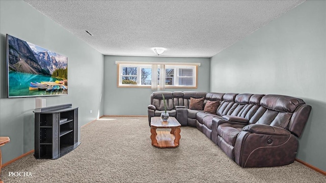 carpeted living area featuring visible vents, baseboards, and a textured ceiling